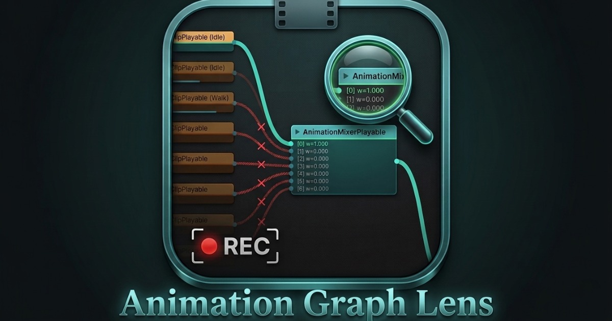 AnimationGraphLens cover art: a PlayableGraph with clip nodes feeding an animation mixer, a magnifying glass and a REC indicator